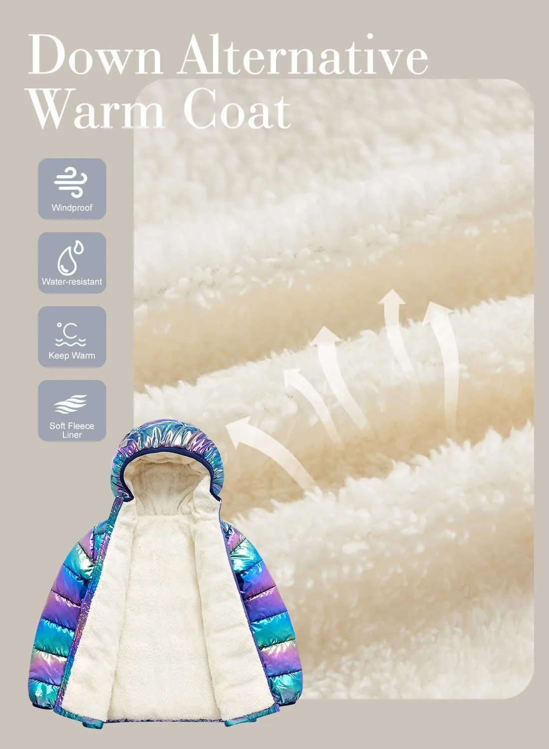 Lovekider 4-12 Years Girls Metallic Shine Hooded Puffer Jacket Packable Warmth Padded Winter Coat
