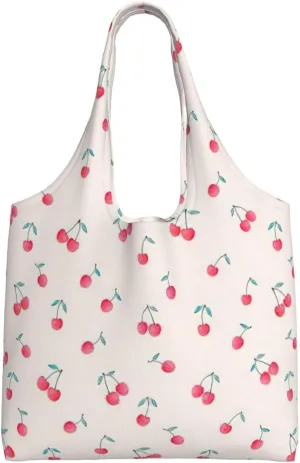 Lovely Sweet Red Cherry Print Canvas Tote Bags,Reusable Cloth Bags For Shopping Beach Grocery Trendy
