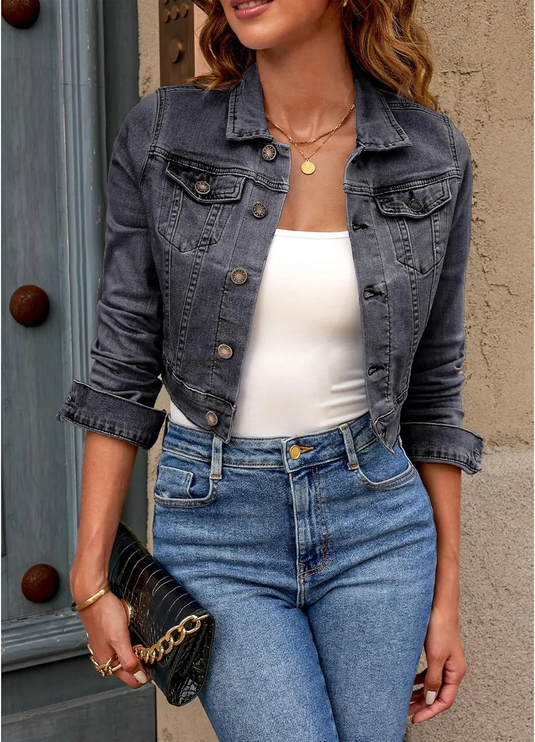 luvamia 2025 Cropped Jean Jackets for Women Fashion Short Denim Shacket Jacket Lightweight Fitted Stretchy with Pockets