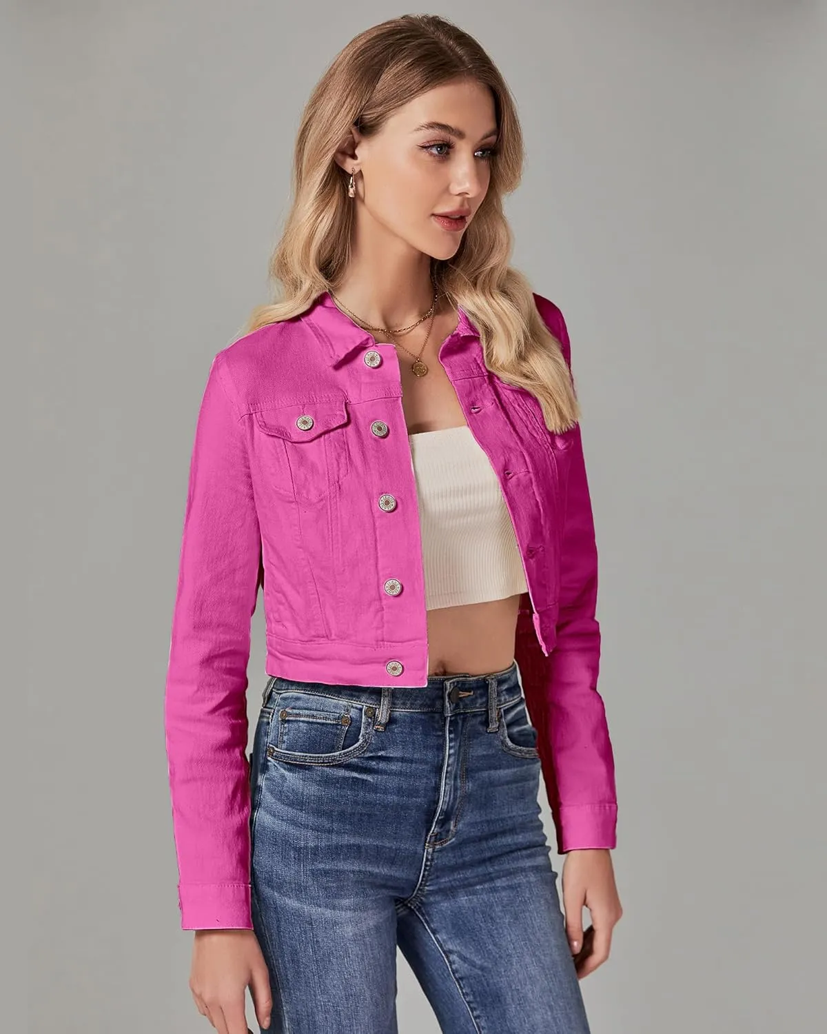 luvamia 2025 Cropped Jean Jackets for Women Fashion Short Denim Shacket Jacket Lightweight Fitted Stretchy with Pockets