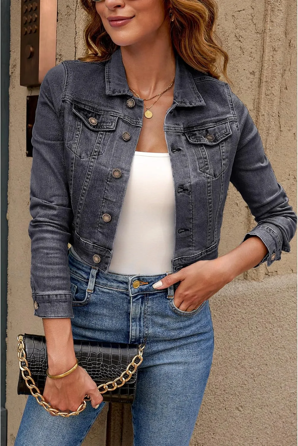 luvamia 2025 Cropped Jean Jackets for Women Fashion Short Denim Shacket Jacket Lightweight Fitted Stretchy with Pockets