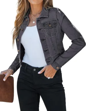 luvamia 2025 Cropped Jean Jackets for Women Fashion Short Denim Shacket Jacket Lightweight Fitted Stretchy with Pockets