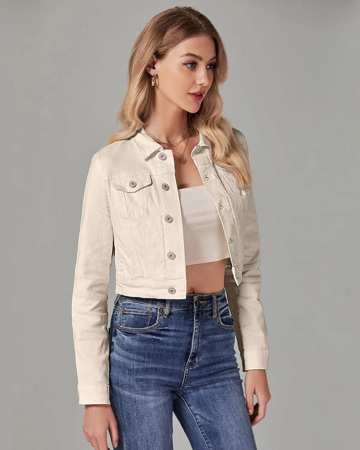 luvamia 2025 Cropped Jean Jackets for Women Fashion Short Denim Shacket Jacket Lightweight Fitted Stretchy with Pockets