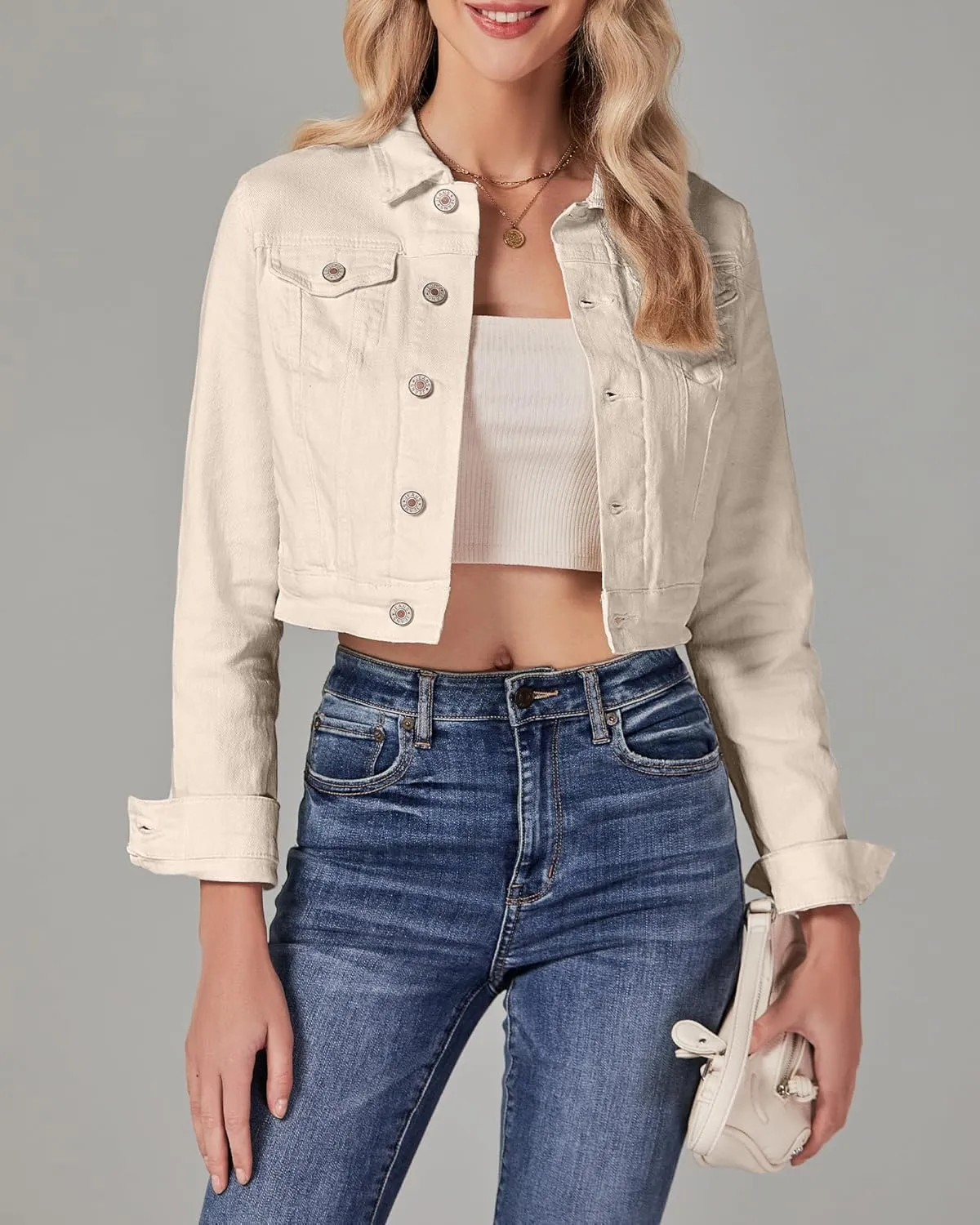 luvamia 2025 Cropped Jean Jackets for Women Fashion Short Denim Shacket Jacket Lightweight Fitted Stretchy with Pockets