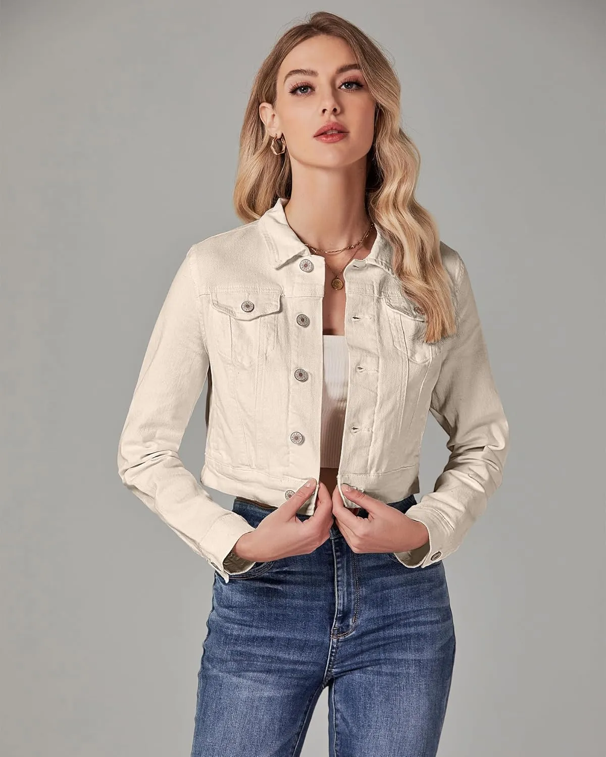 luvamia 2025 Cropped Jean Jackets for Women Fashion Short Denim Shacket Jacket Lightweight Fitted Stretchy with Pockets