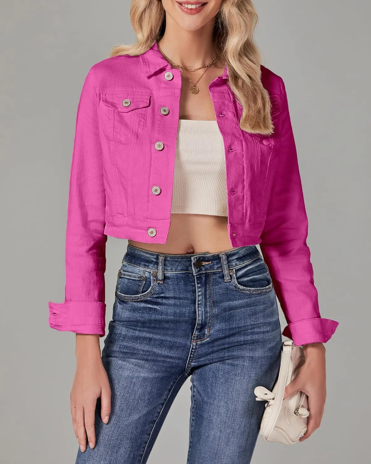 luvamia 2025 Cropped Jean Jackets for Women Fashion Short Denim Shacket Jacket Lightweight Fitted Stretchy with Pockets