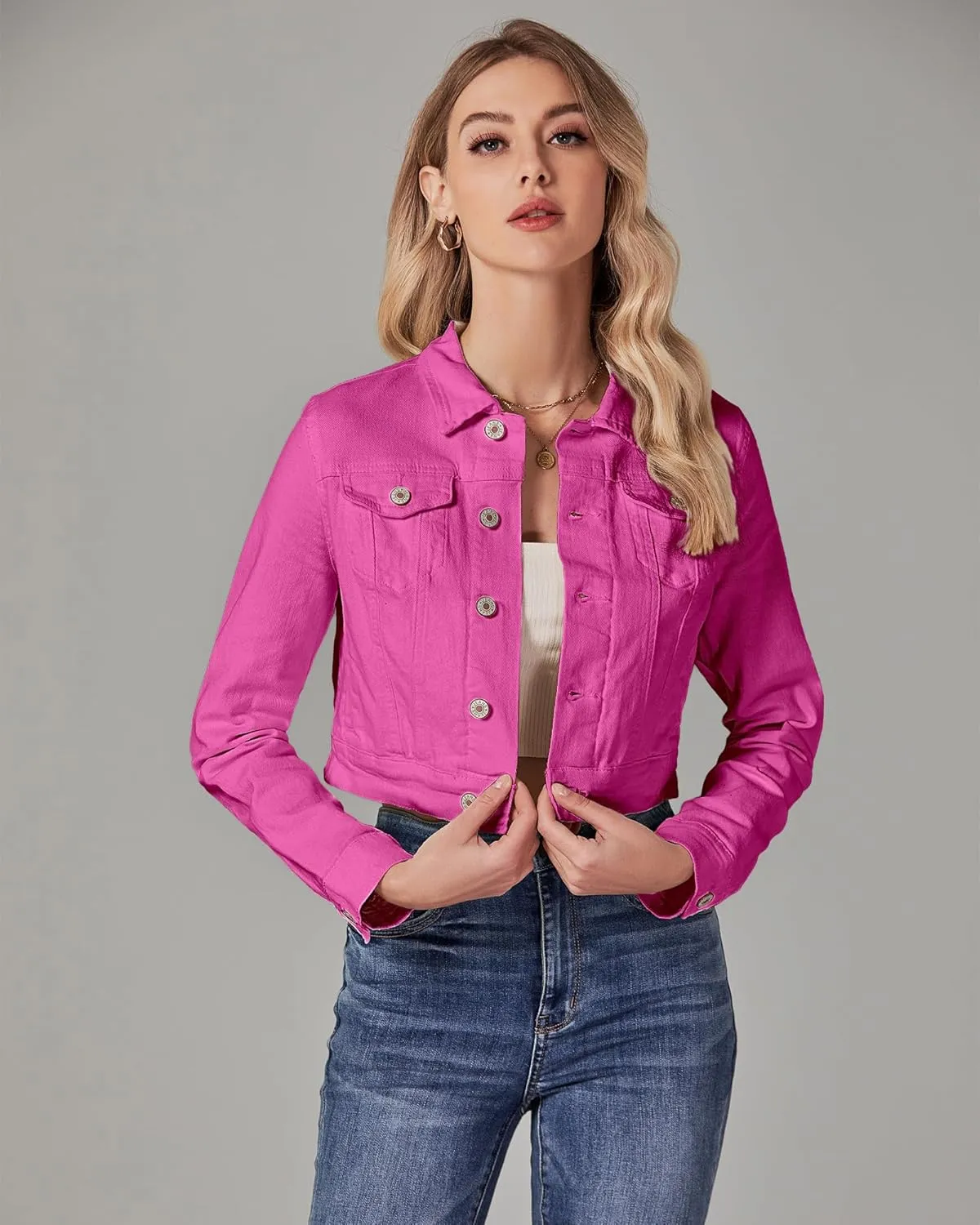 luvamia 2025 Cropped Jean Jackets for Women Fashion Short Denim Shacket Jacket Lightweight Fitted Stretchy with Pockets