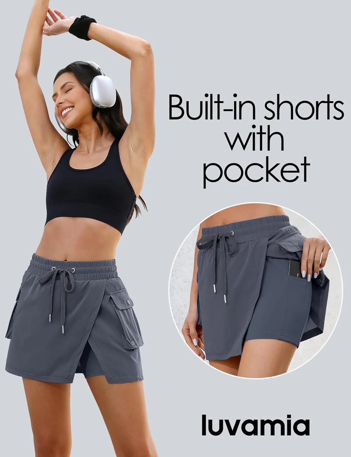 luvamia Tennis Skorts for Woman High Waisted Athletic Cargo Pull On Elastic Waist Stretchy Wrap Golf Skirts with Shorts