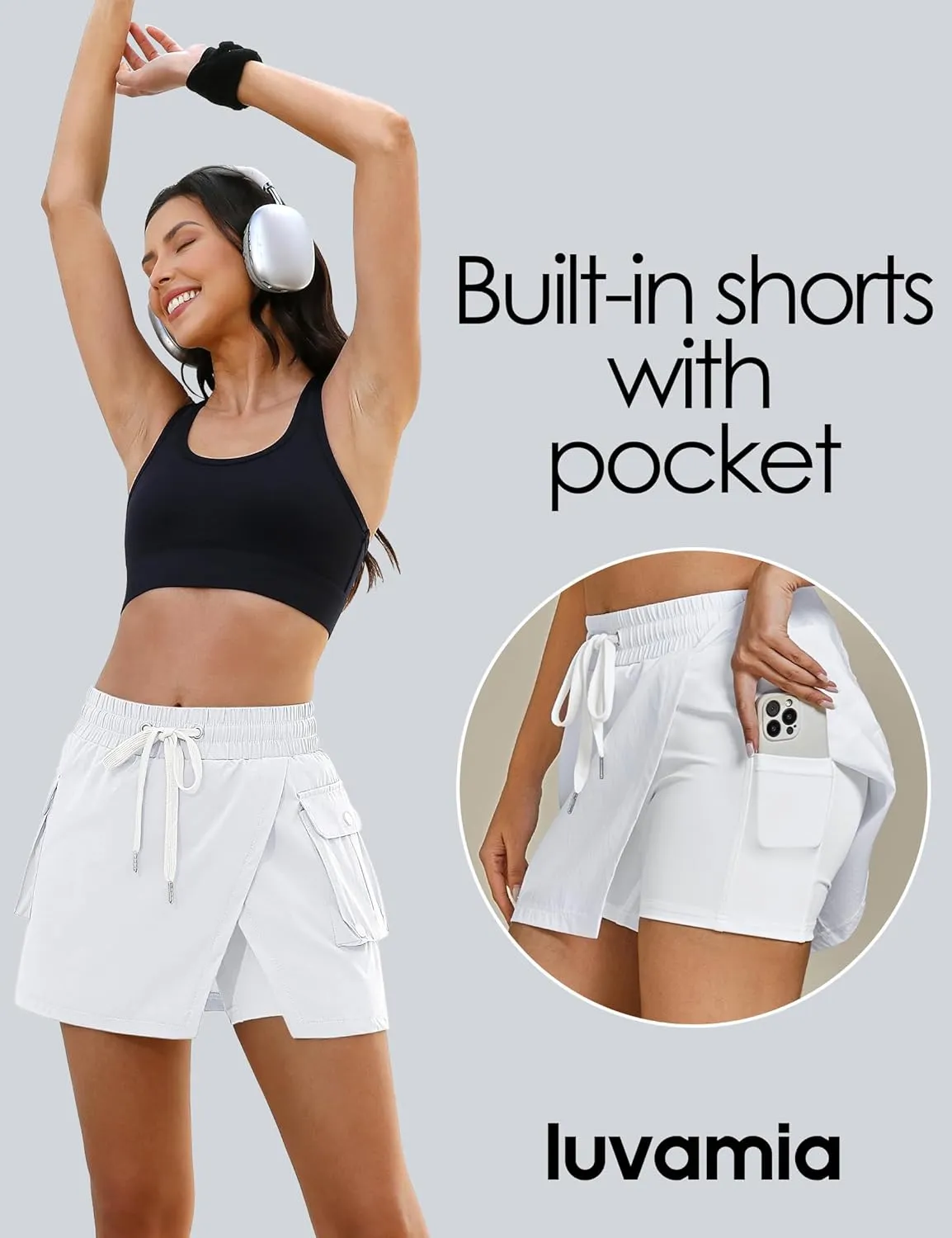 luvamia Tennis Skorts for Woman High Waisted Athletic Cargo Pull On Elastic Waist Stretchy Wrap Golf Skirts with Shorts