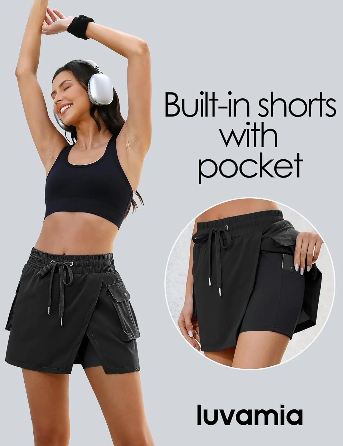 luvamia Tennis Skorts for Woman High Waisted Athletic Cargo Pull On Elastic Waist Stretchy Wrap Golf Skirts with Shorts
