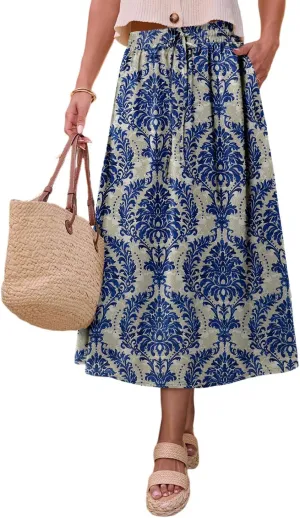 Magritta Women's Print Midi Skirt with Pocket Elastic High Waist 2025 Trendy A-Line Bohe Leopardr Swing Skirts for Women