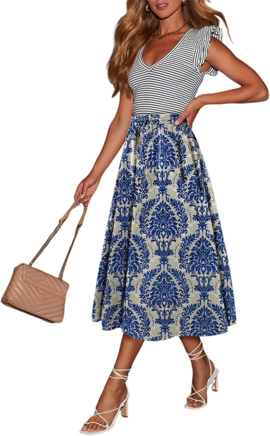 Magritta Women's Print Midi Skirt with Pocket Elastic High Waist 2025 Trendy A-Line Bohe Leopardr Swing Skirts for Women