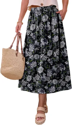 Magritta Women's Print Midi Skirt with Pocket Elastic High Waist 2025 Trendy A-Line Bohe Leopardr Swing Skirts for Women