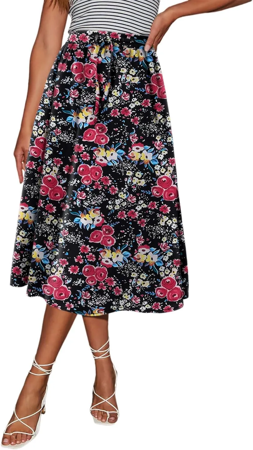 Magritta Women's Print Midi Skirt with Pocket Elastic High Waist 2025 Trendy A-Line Bohe Leopardr Swing Skirts for Women