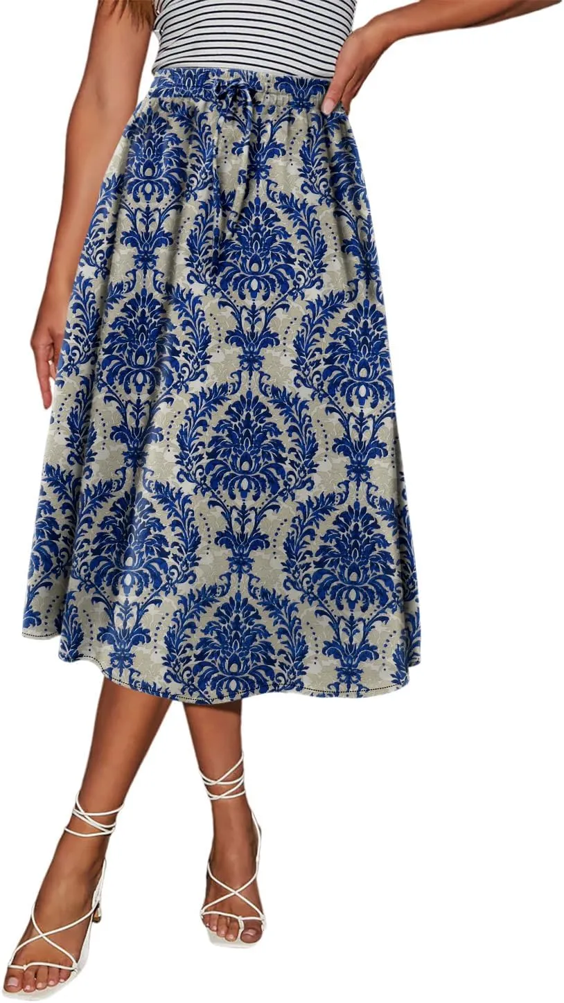 Magritta Women's Print Midi Skirt with Pocket Elastic High Waist 2025 Trendy A-Line Bohe Leopardr Swing Skirts for Women
