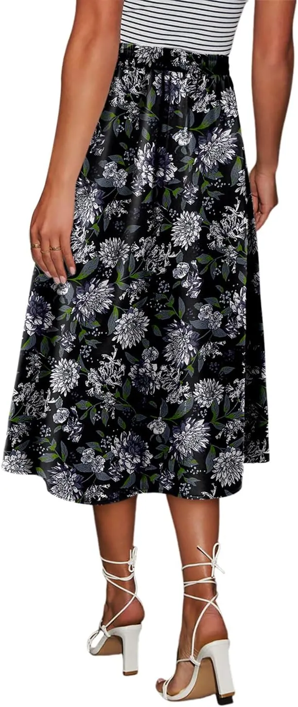 Magritta Women's Print Midi Skirt with Pocket Elastic High Waist 2025 Trendy A-Line Bohe Leopardr Swing Skirts for Women