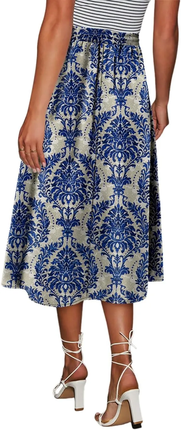 Magritta Women's Print Midi Skirt with Pocket Elastic High Waist 2025 Trendy A-Line Bohe Leopardr Swing Skirts for Women