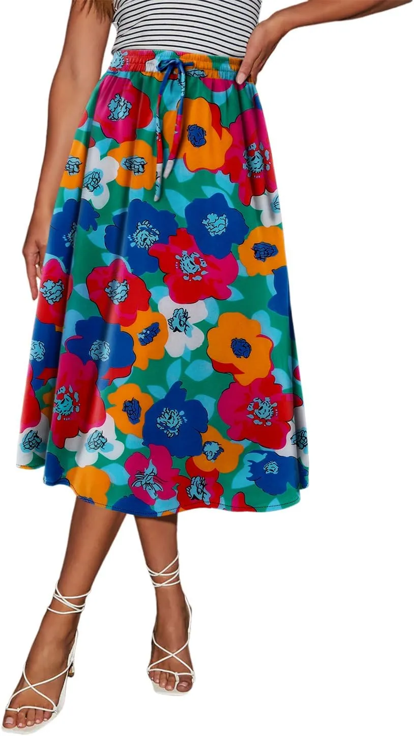 Magritta Women's Print Midi Skirt with Pocket Elastic High Waist 2025 Trendy A-Line Bohe Leopardr Swing Skirts for Women