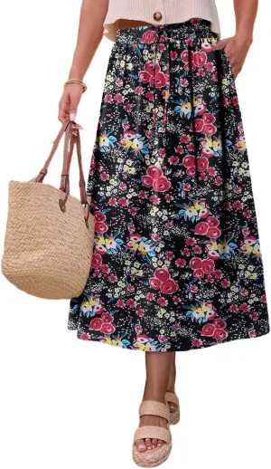 Magritta Women's Print Midi Skirt with Pocket Elastic High Waist 2025 Trendy A-Line Bohe Leopardr Swing Skirts for Women