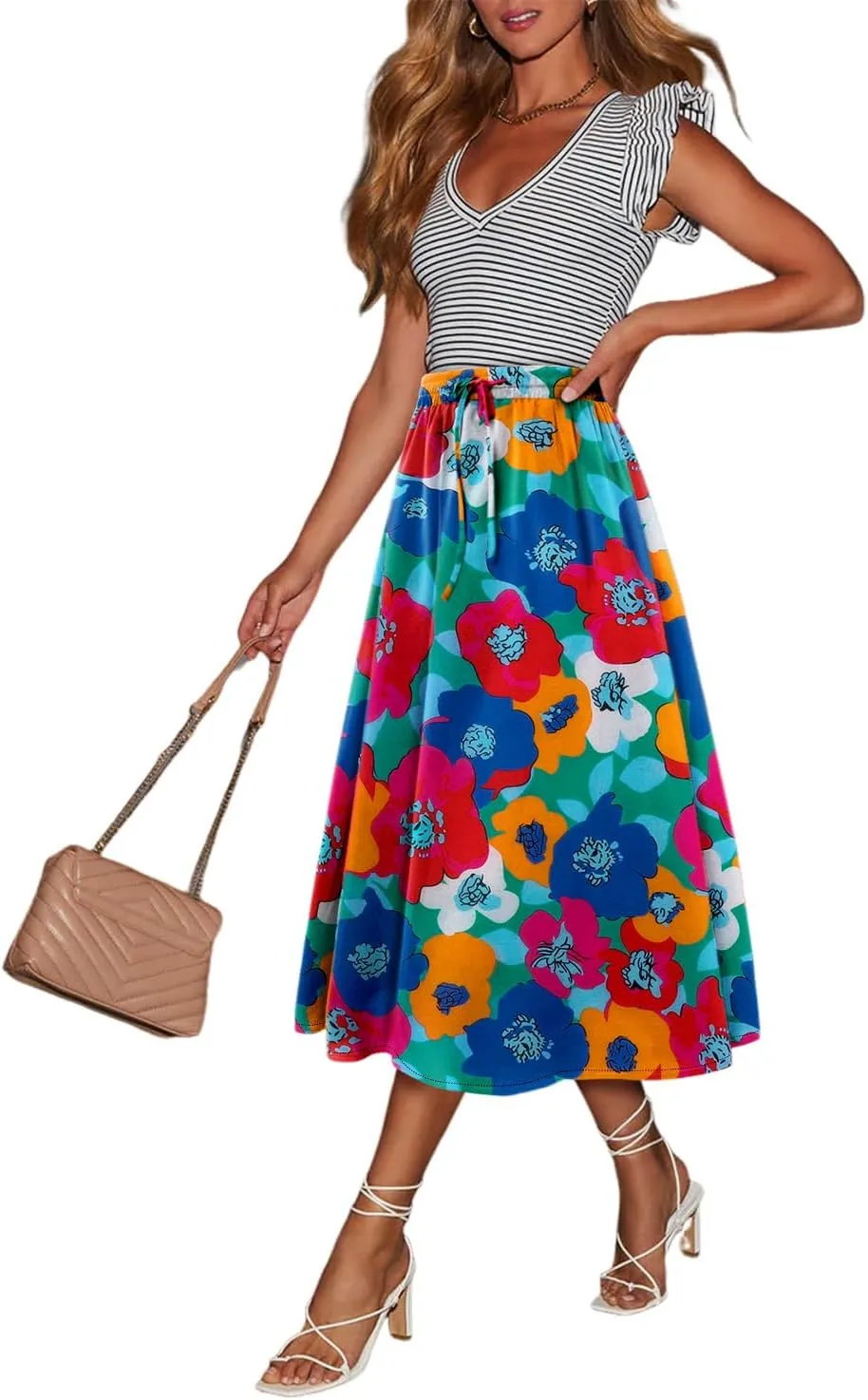 Magritta Women's Print Midi Skirt with Pocket Elastic High Waist 2025 Trendy A-Line Bohe Leopardr Swing Skirts for Women
