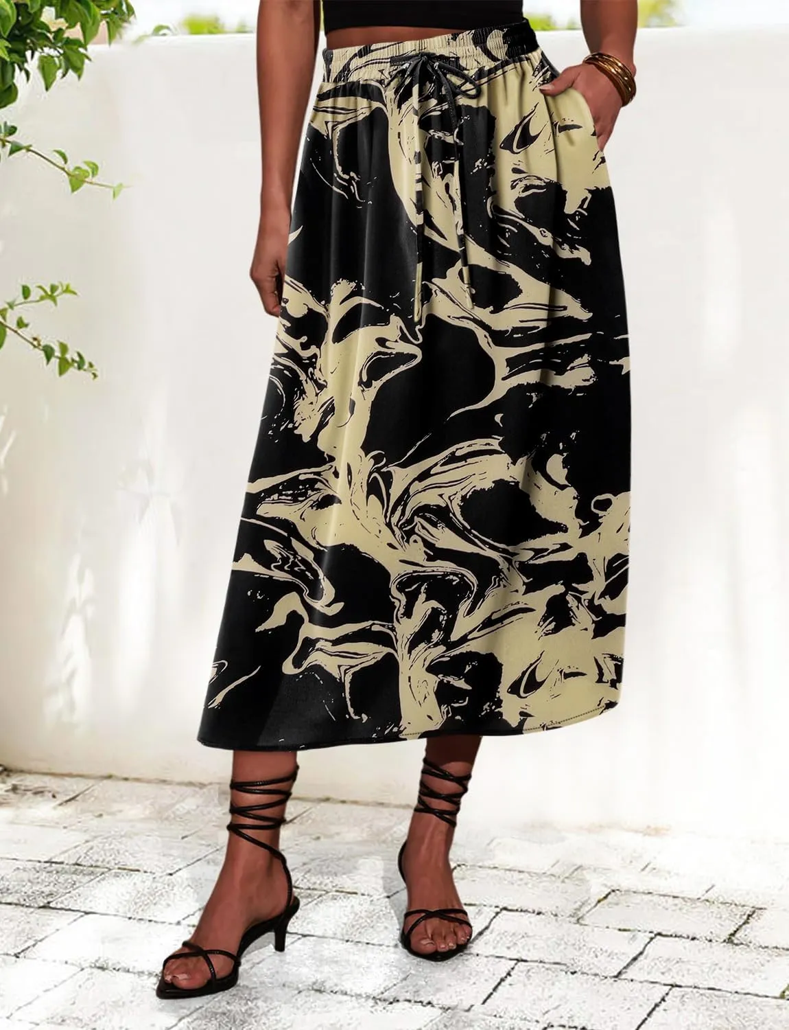 Magritta Women's Print Midi Skirt with Pocket Elastic High Waist 2025 Trendy A-Line Bohe Leopardr Swing Skirts for Women