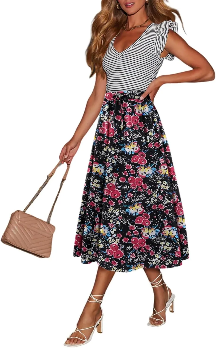 Magritta Women's Print Midi Skirt with Pocket Elastic High Waist 2025 Trendy A-Line Bohe Leopardr Swing Skirts for Women