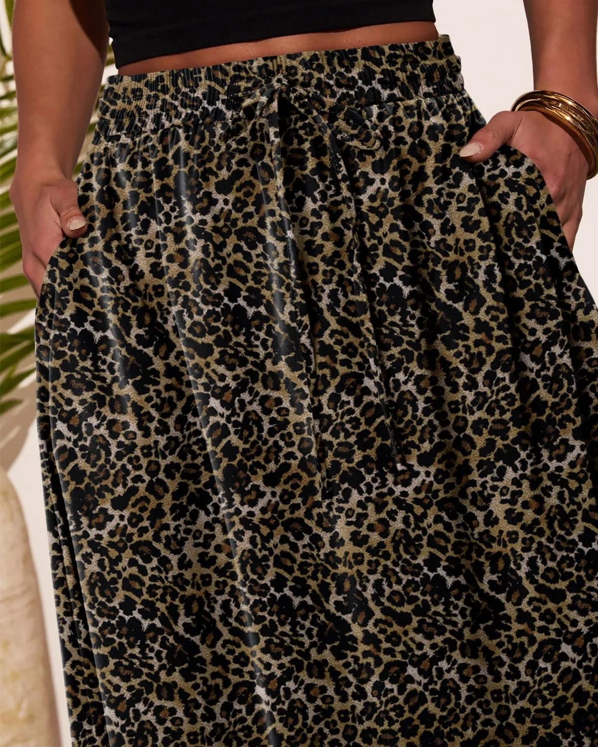 Magritta Women's Print Midi Skirt with Pocket Elastic High Waist 2025 Trendy A-Line Bohe Leopardr Swing Skirts for Women