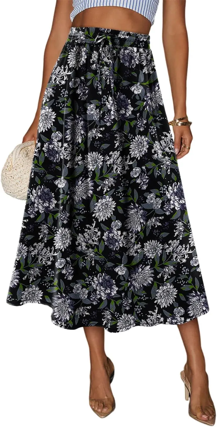Magritta Women's Print Midi Skirt with Pocket Elastic High Waist 2025 Trendy A-Line Bohe Leopardr Swing Skirts for Women