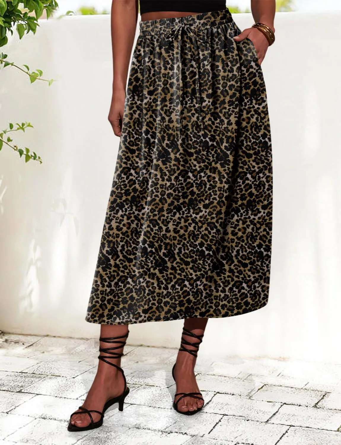 Magritta Women's Print Midi Skirt with Pocket Elastic High Waist 2025 Trendy A-Line Bohe Leopardr Swing Skirts for Women
