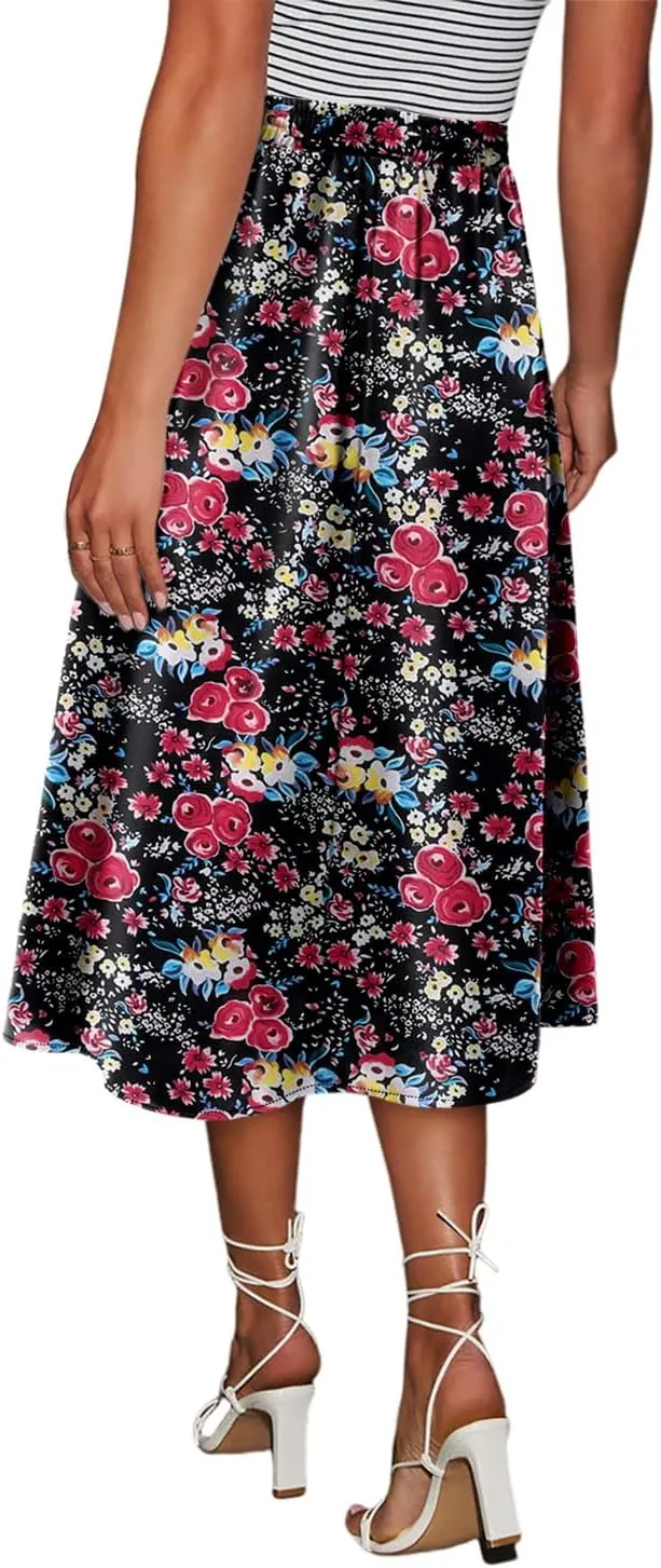 Magritta Women's Print Midi Skirt with Pocket Elastic High Waist 2025 Trendy A-Line Bohe Leopardr Swing Skirts for Women