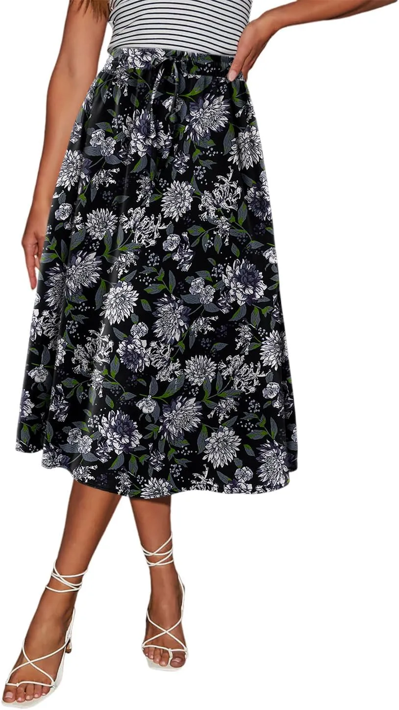 Magritta Women's Print Midi Skirt with Pocket Elastic High Waist 2025 Trendy A-Line Bohe Leopardr Swing Skirts for Women