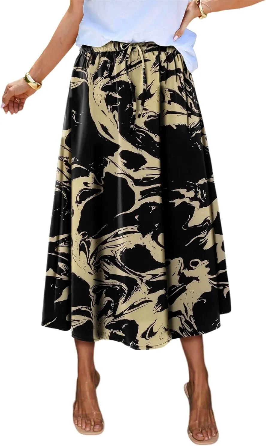 Magritta Women's Print Midi Skirt with Pocket Elastic High Waist 2025 Trendy A-Line Bohe Leopardr Swing Skirts for Women