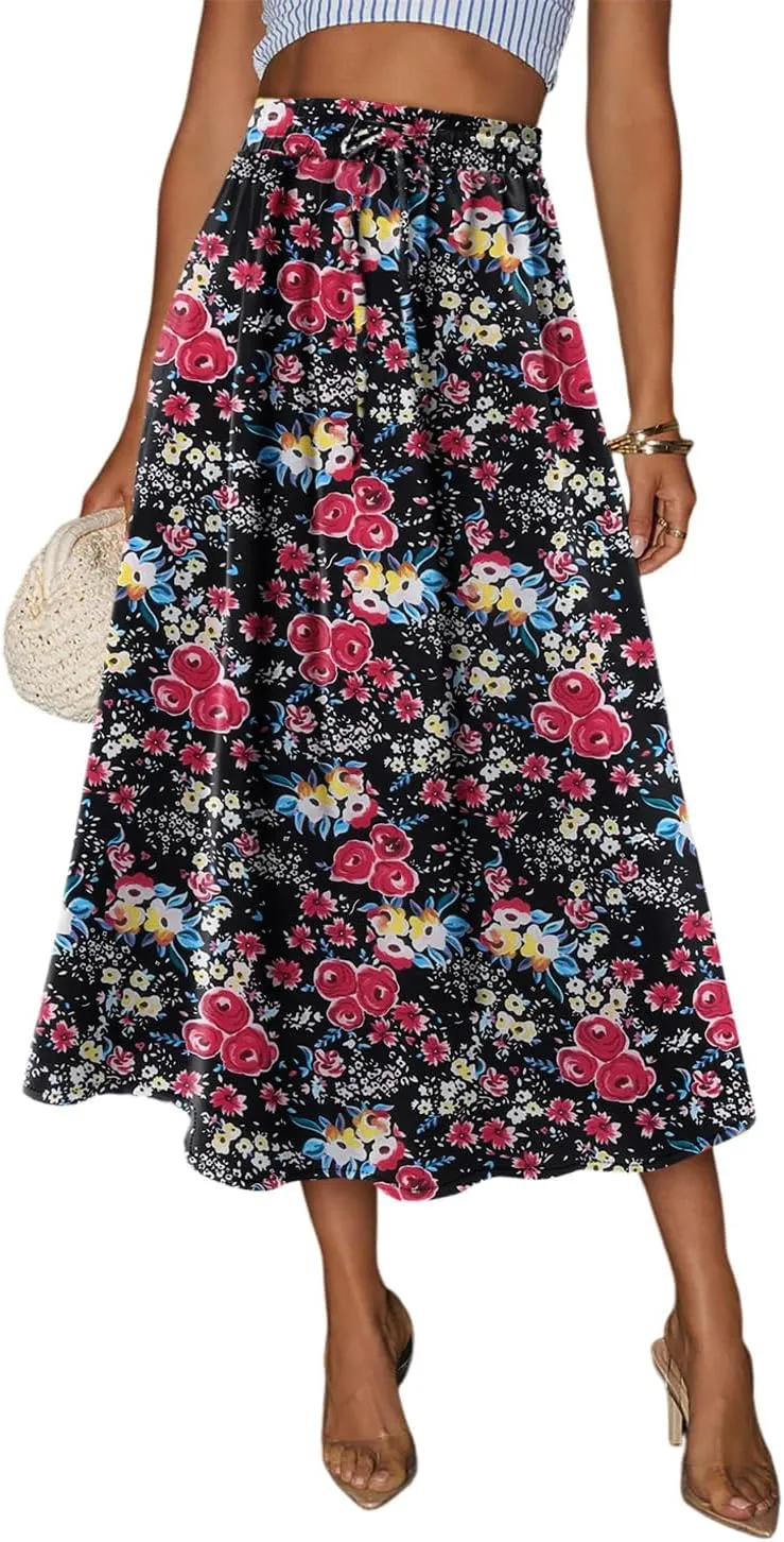 Magritta Women's Print Midi Skirt with Pocket Elastic High Waist 2025 Trendy A-Line Bohe Leopardr Swing Skirts for Women