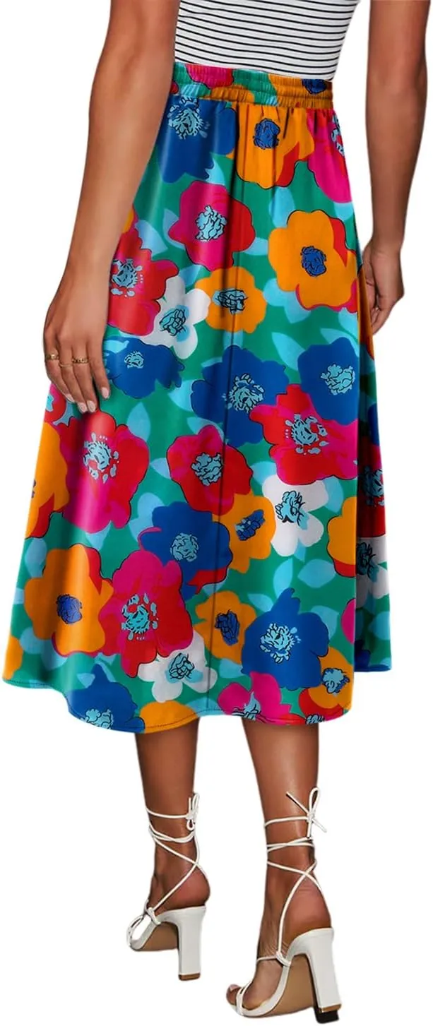 Magritta Women's Print Midi Skirt with Pocket Elastic High Waist 2025 Trendy A-Line Bohe Leopardr Swing Skirts for Women