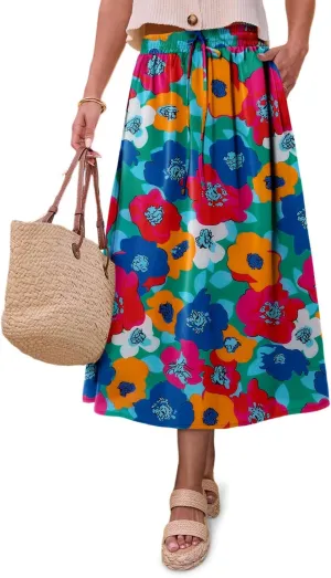 Magritta Women's Print Midi Skirt with Pocket Elastic High Waist 2025 Trendy A-Line Bohe Leopardr Swing Skirts for Women