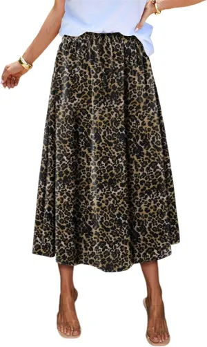 Magritta Women's Print Midi Skirt with Pocket Elastic High Waist 2025 Trendy A-Line Bohe Leopardr Swing Skirts for Women