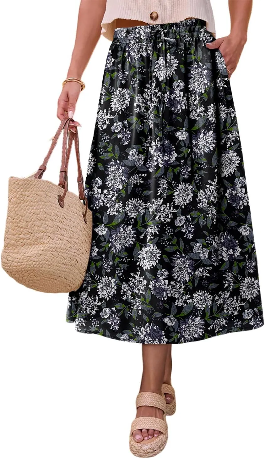 Magritta Women's Print Midi Skirt with Pocket Elastic High Waist 2025 Trendy A-Line Bohe Leopardr Swing Skirts for Women