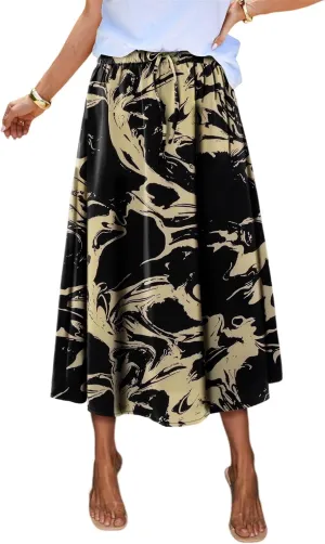 Magritta Women's Print Midi Skirt with Pocket Elastic High Waist 2025 Trendy A-Line Bohe Leopardr Swing Skirts for Women