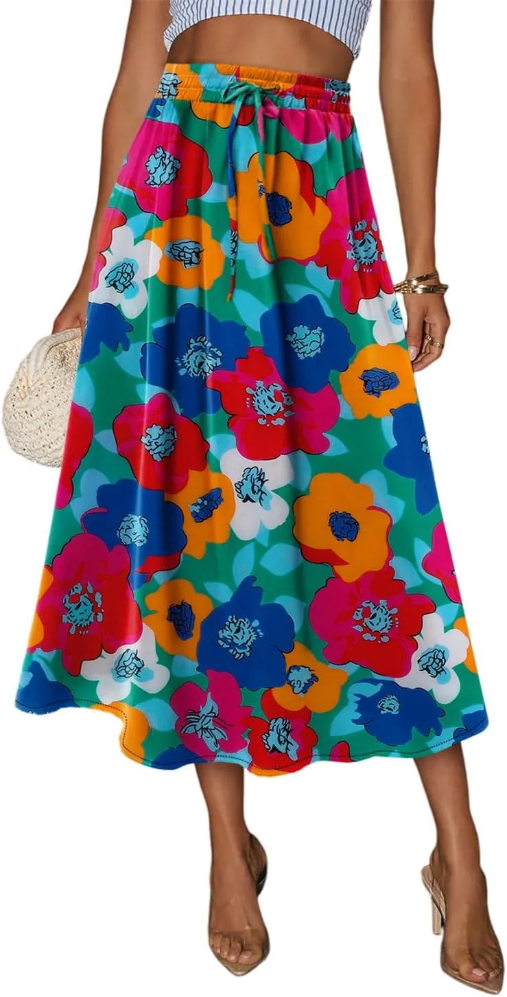 Magritta Women's Print Midi Skirt with Pocket Elastic High Waist 2025 Trendy A-Line Bohe Leopardr Swing Skirts for Women