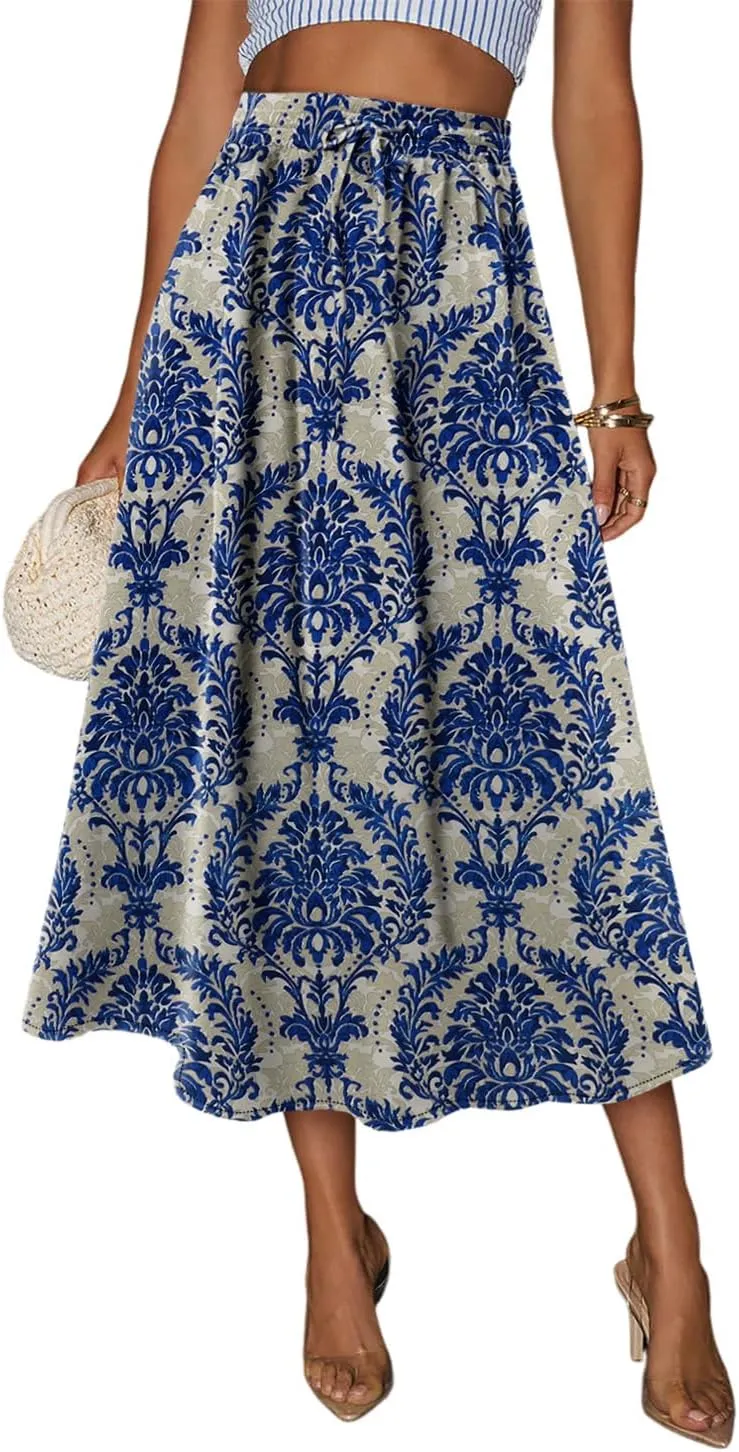 Magritta Women's Print Midi Skirt with Pocket Elastic High Waist 2025 Trendy A-Line Bohe Leopardr Swing Skirts for Women