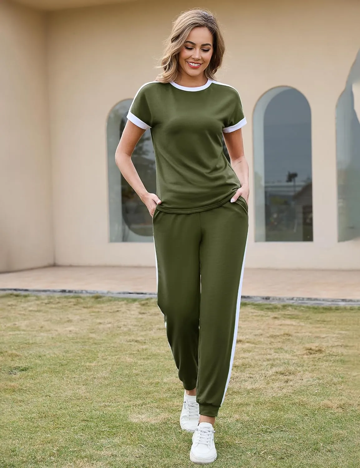 Marvmys Women Short Sleeve Tracksuit Set 2 Piece Sweat Set Outfits Color Block Jogging Suits with Pockets