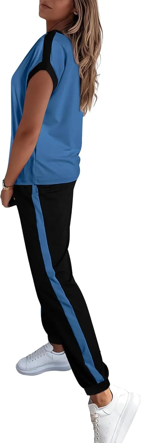 Marvmys Women Short Sleeve Tracksuit Set 2 Piece Sweat Set Outfits Color Block Jogging Suits with Pockets