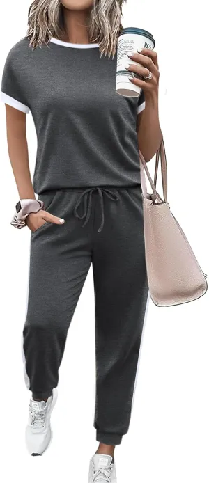 Marvmys Women Short Sleeve Tracksuit Set 2 Piece Sweat Set Outfits Color Block Jogging Suits with Pockets