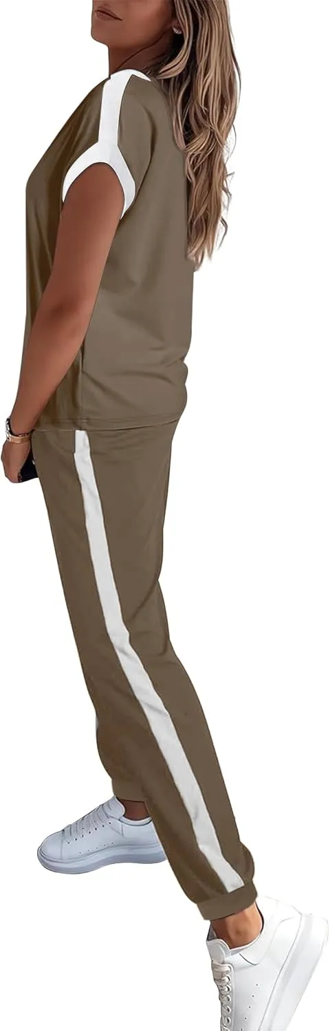 Marvmys Women Short Sleeve Tracksuit Set 2 Piece Sweat Set Outfits Color Block Jogging Suits with Pockets