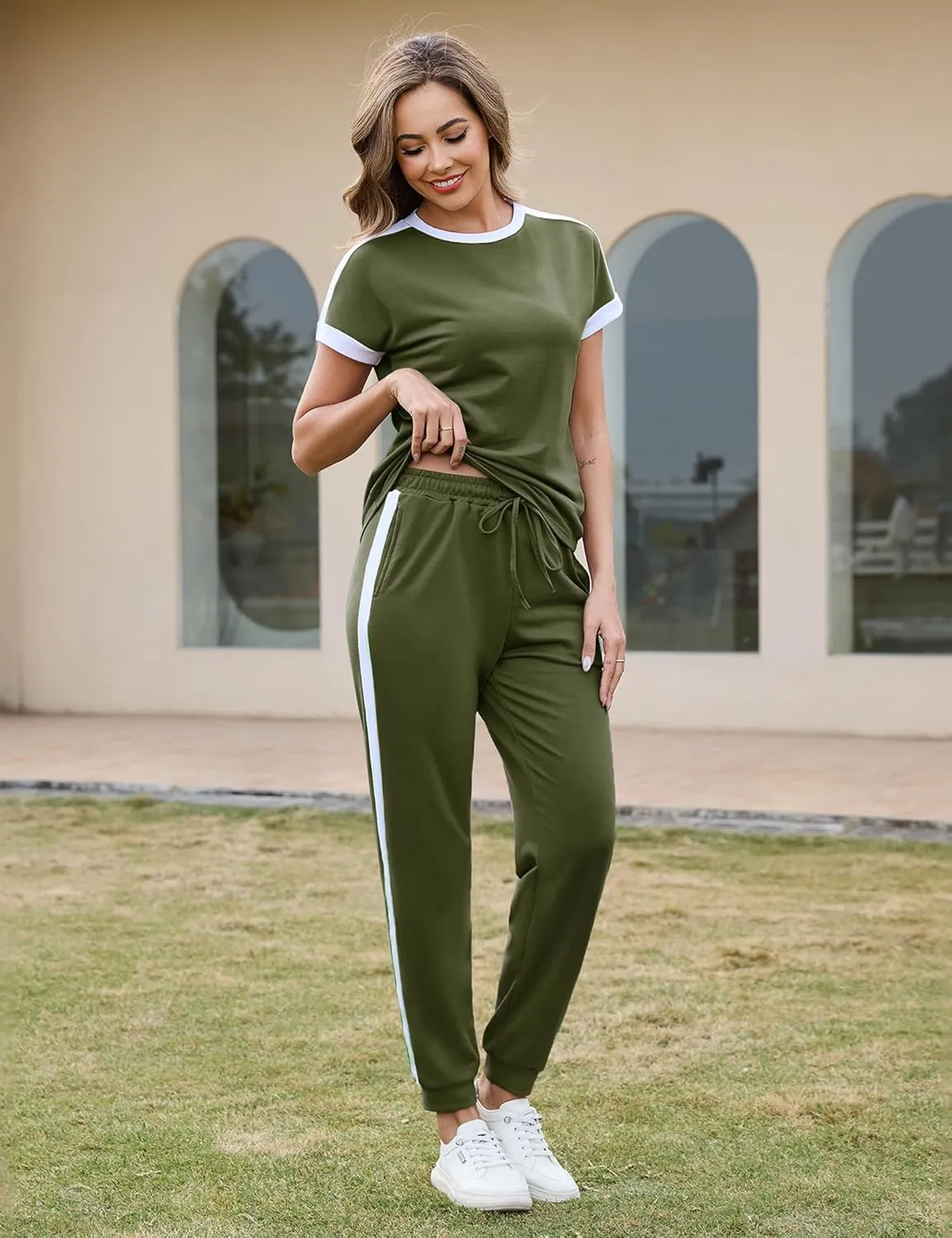 Marvmys Women Short Sleeve Tracksuit Set 2 Piece Sweat Set Outfits Color Block Jogging Suits with Pockets