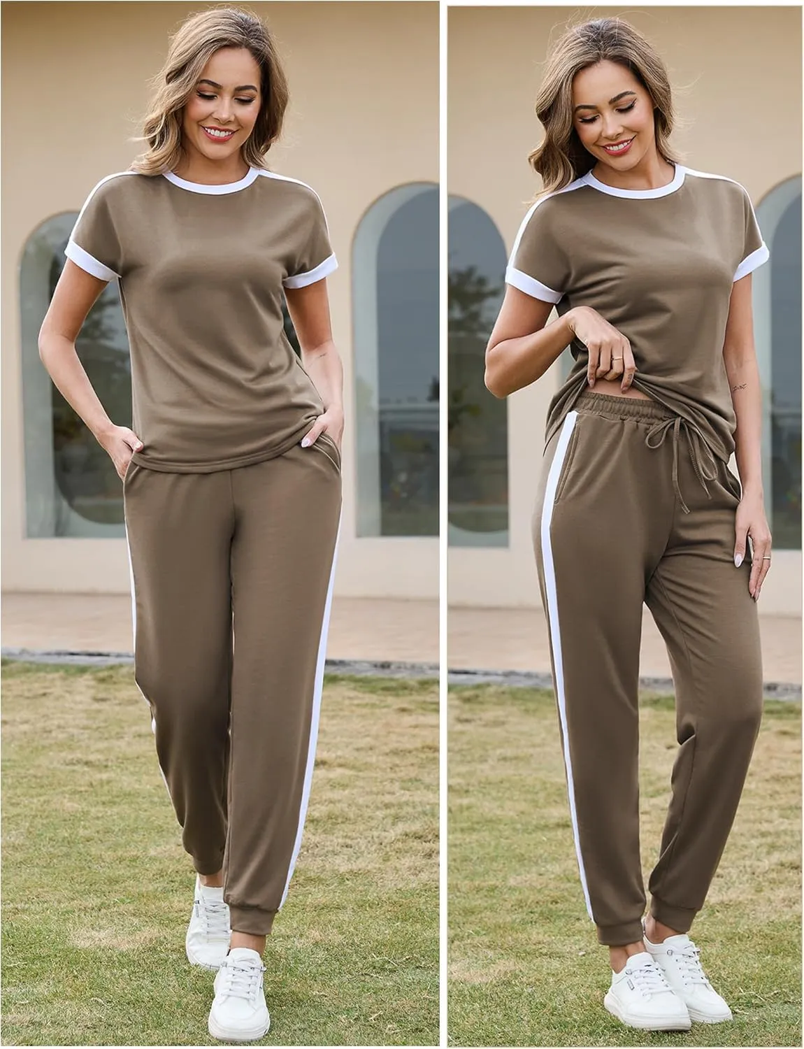 Marvmys Women Short Sleeve Tracksuit Set 2 Piece Sweat Set Outfits Color Block Jogging Suits with Pockets