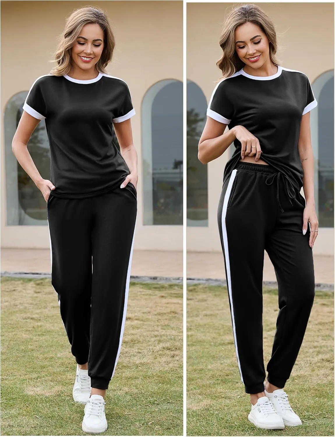 Marvmys Women Short Sleeve Tracksuit Set 2 Piece Sweat Set Outfits Color Block Jogging Suits with Pockets