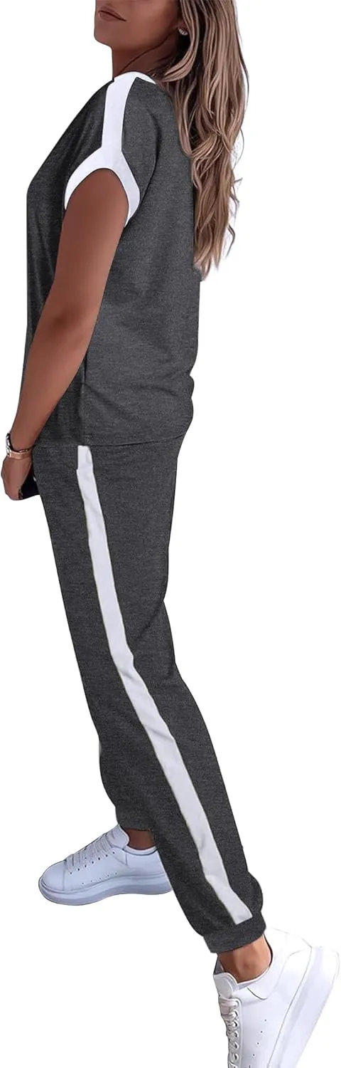 Marvmys Women Short Sleeve Tracksuit Set 2 Piece Sweat Set Outfits Color Block Jogging Suits with Pockets