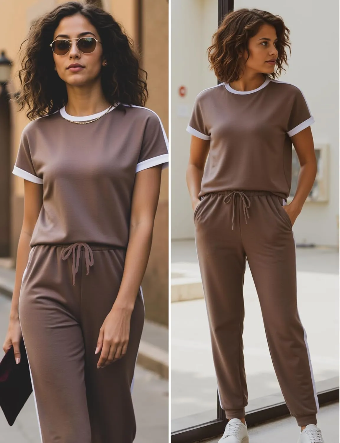 Marvmys Women Short Sleeve Tracksuit Set 2 Piece Sweat Set Outfits Color Block Jogging Suits with Pockets