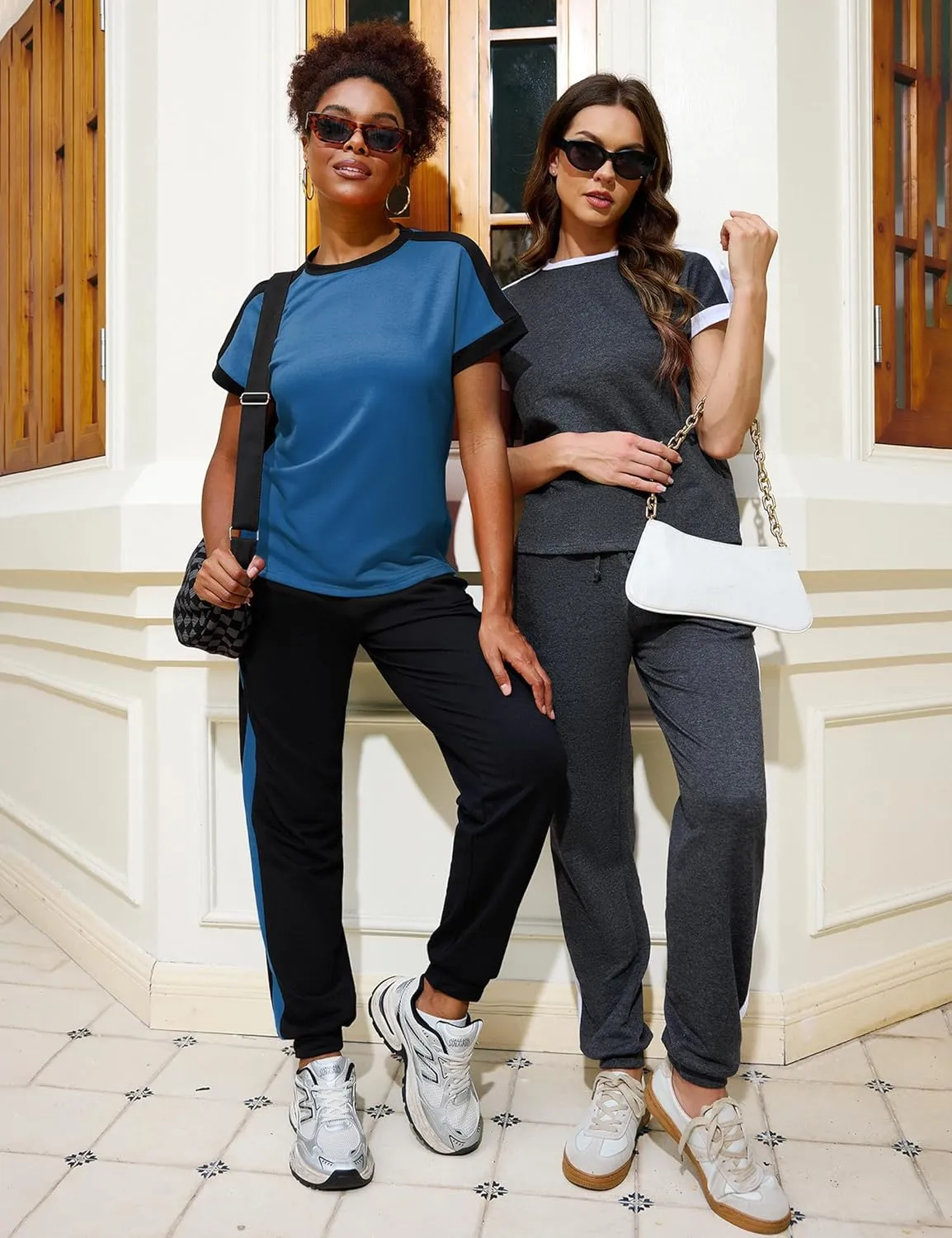 Marvmys Women Short Sleeve Tracksuit Set 2 Piece Sweat Set Outfits Color Block Jogging Suits with Pockets